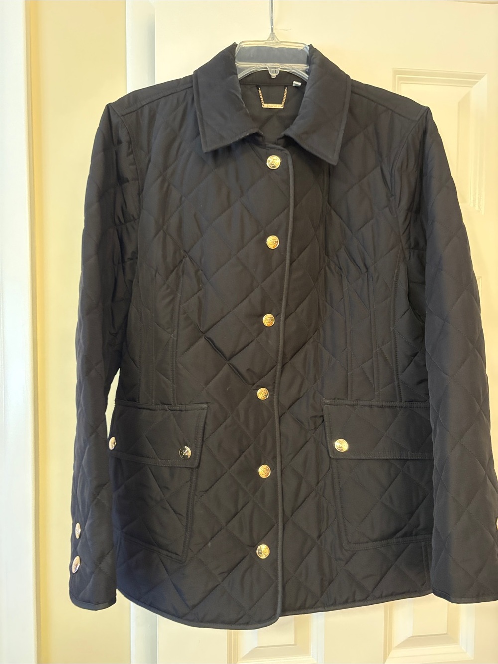 Chico's Quilted Black Puffer Jacket with Gold-Tone Buttons